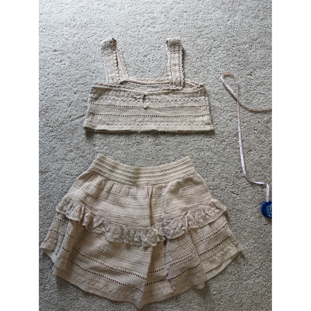 Aerie Crochet Matching Set Beige Crop Top Tiered Ruffle Mini Skirt Small Boho - Picture 9 of 9
